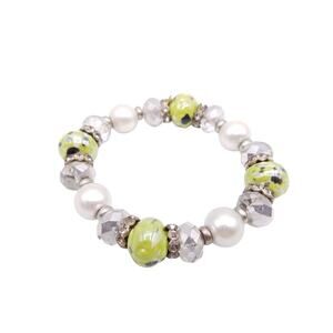Stretch Bracelet Green Glass Beads Faux Pearls Crystal Rhinestone Spacers